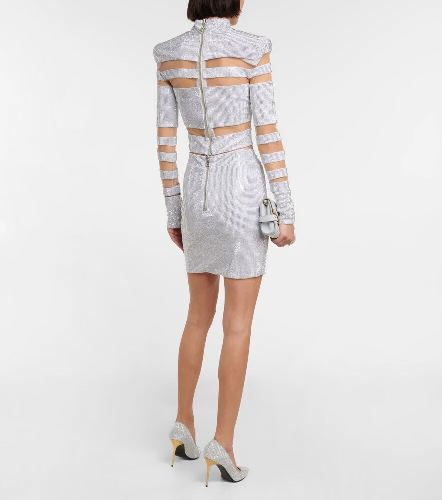 Топ с сетчатыми вставками, украшенный стразами Balmain, серебро — фото 3
