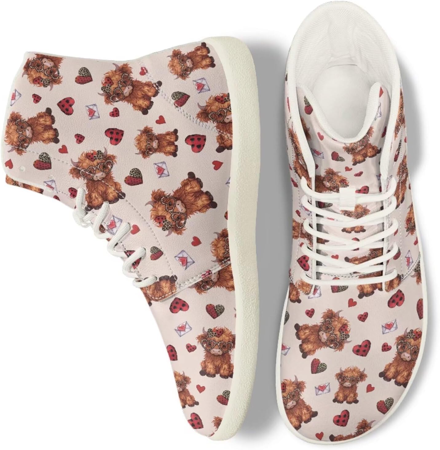 

Кроссовки Belidome High Top для женщин и мужчин, повседневные с плоской подошвой, на шнуровке, противоскользящие, Highland Cow Heart