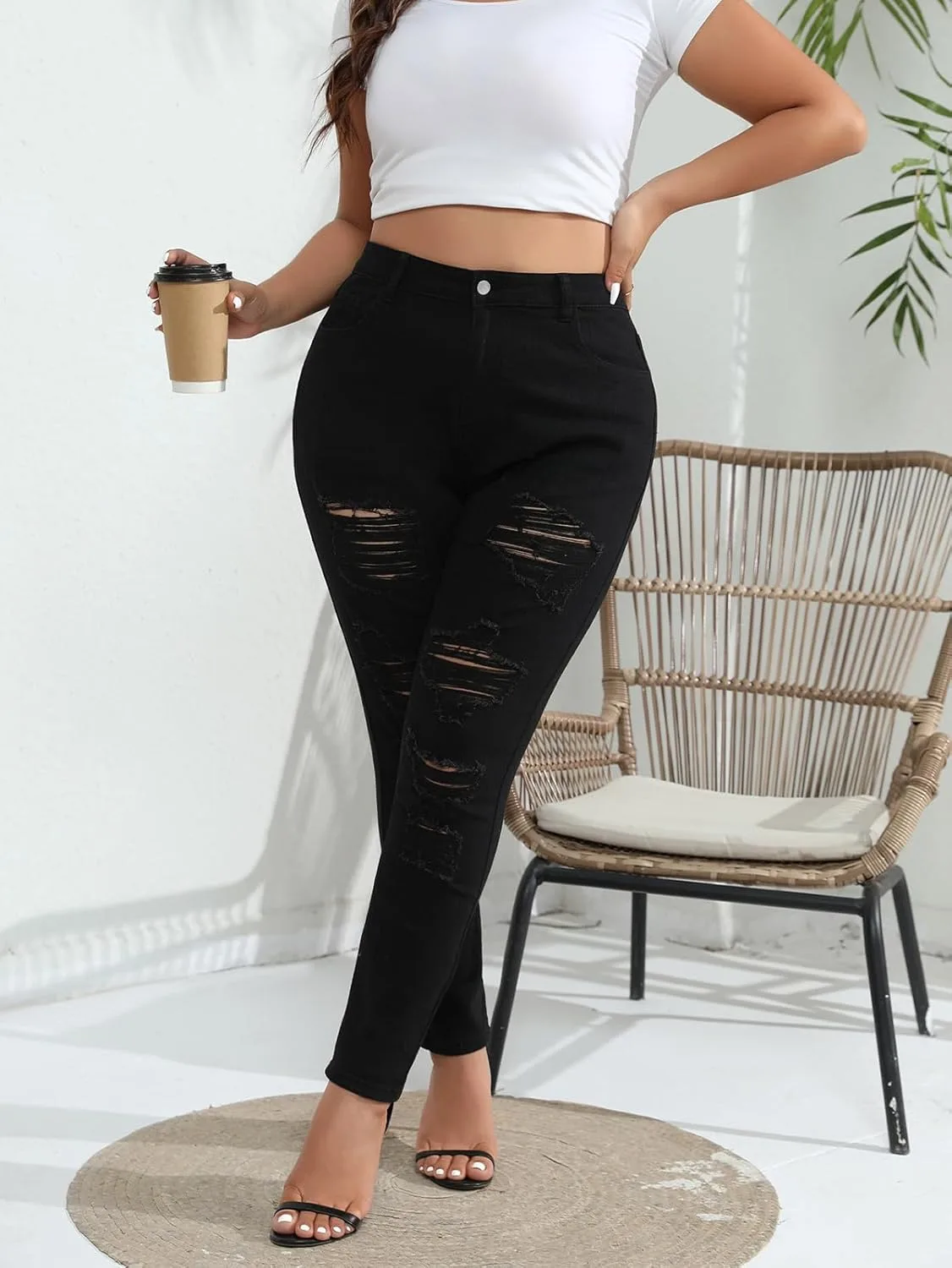 Женские джинсы Plus Size Curvy Skinny с эффектом стройности — высокие, облегающие, с прорезями — фото 4