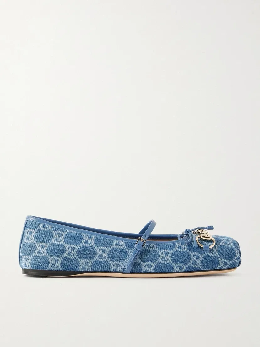 Балетки Horsebit из денима с кожаной отделкой GUCCI, синий