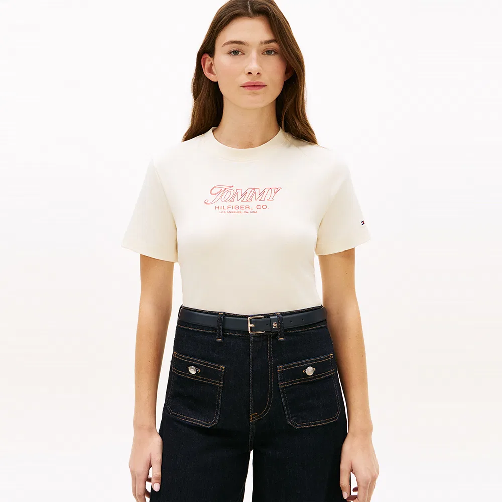Женская футболка с круглым вырезом и логотипом бежевая от Tommy Hilfiger Women