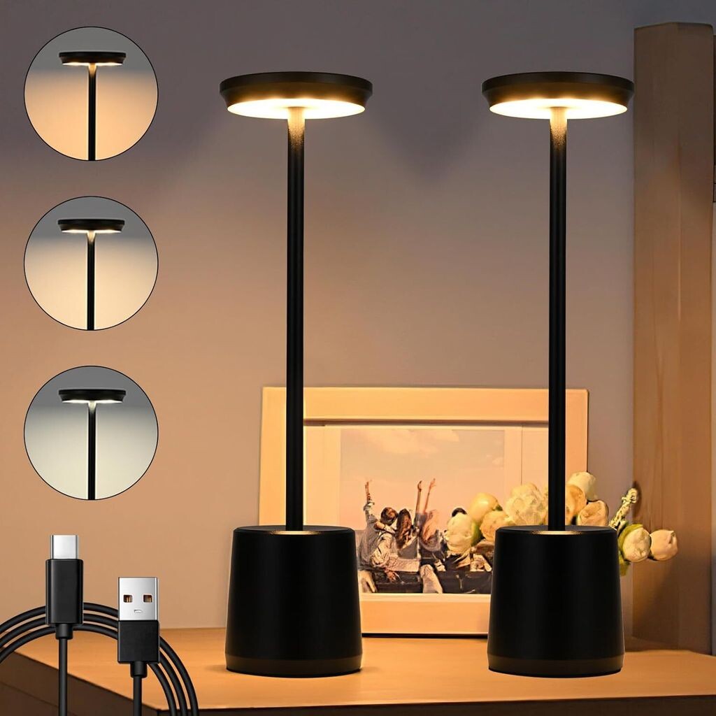 

Светодиодная настольная лампа, беспроводная сенсорная лампа с регулируемой яркостью, 3 цветовая температура, 4800 мАч, прикроватная лампа, аккумуляторная настольная лампа, металлический материал - (черный комплект из 2 шт.) ZREE