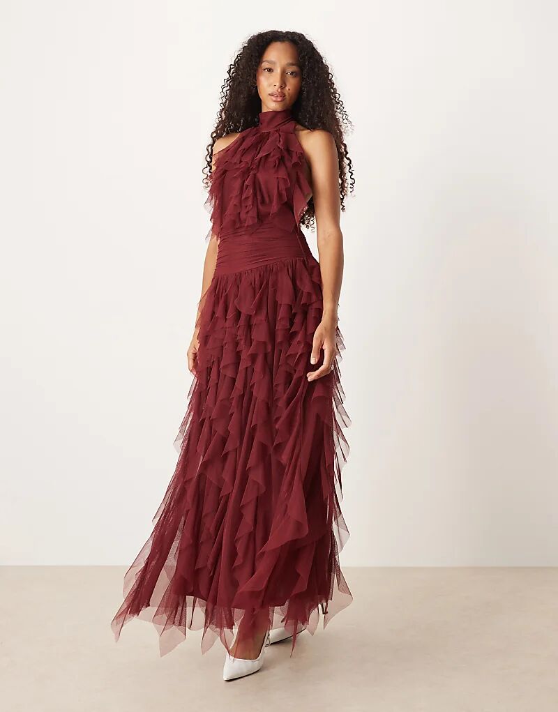 

Платье макси с открытой спиной и оборками из кружева и бисера бордового цвета