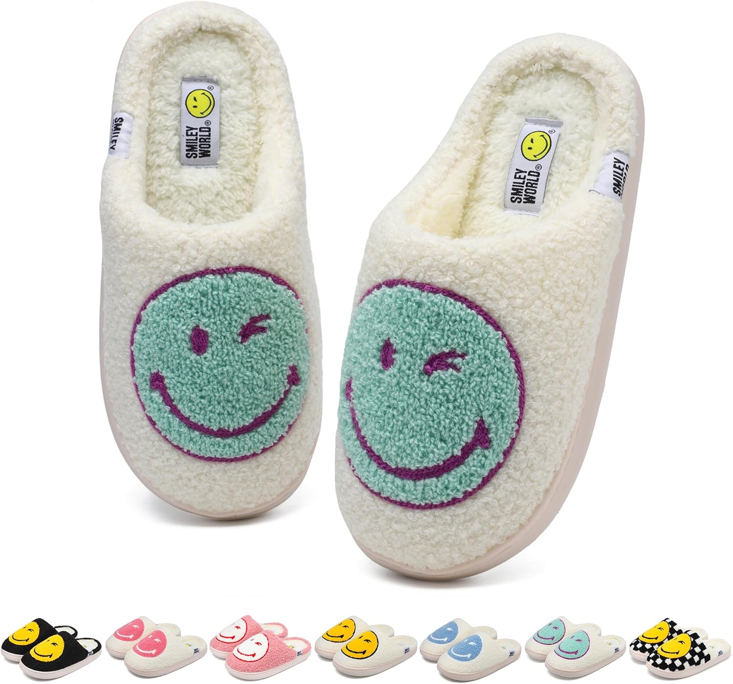 

SMILEYWORLD Женские и мужские тапочки с улыбающимся лицом, Удобные теплые плюшевые домашние тапочки, Ретро забавные счастливые улыбки, мягкие тапочки из пены с эффектом памяти, для дома и улицы, белый