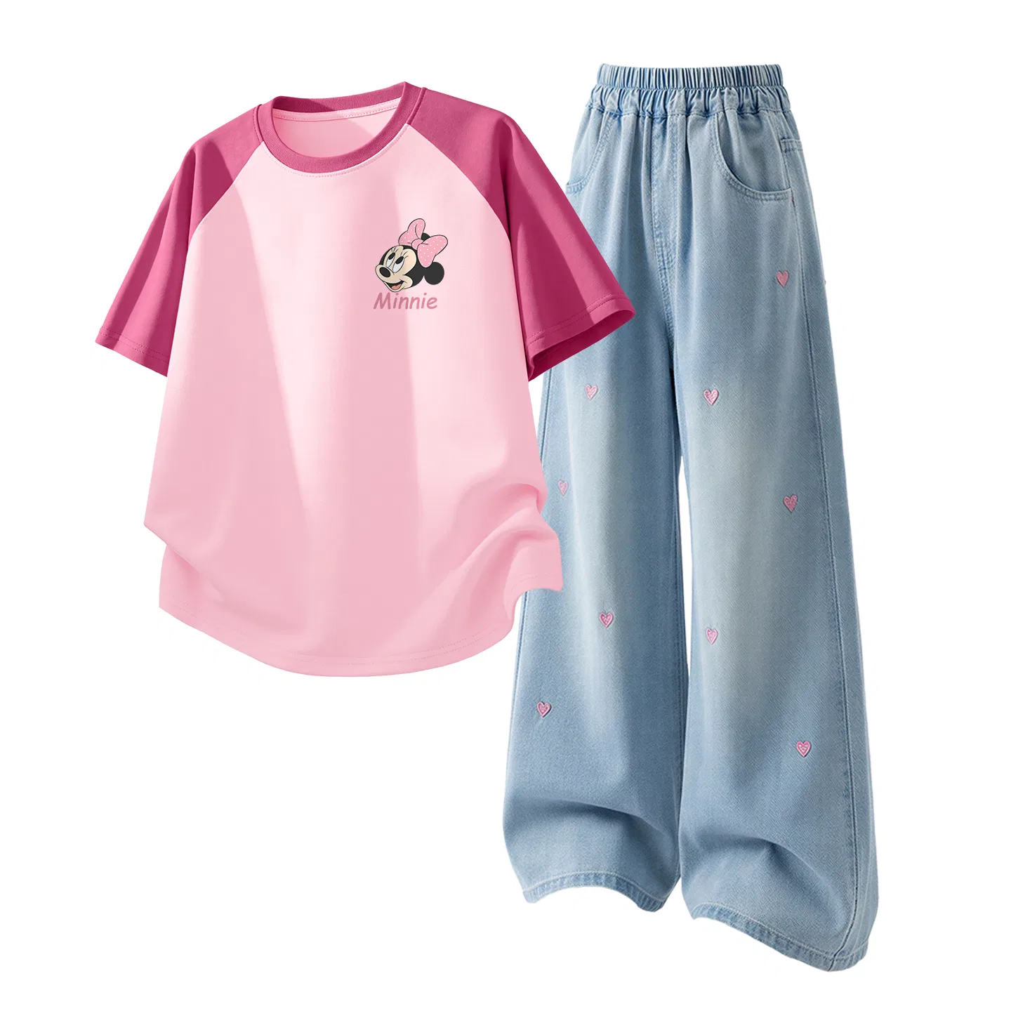Детская повседневная спортивная футболка с круглым вырезом Disney, Dazzling Berry Pink+Solid Color Denim Light Blue