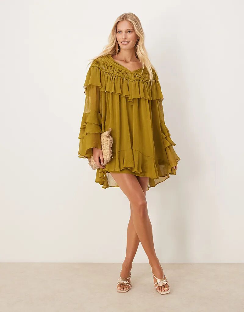 

Мини-платье ASOS DESIGN с V-образным вырезом, оборками на рукавах и макраме оливкового цвета
