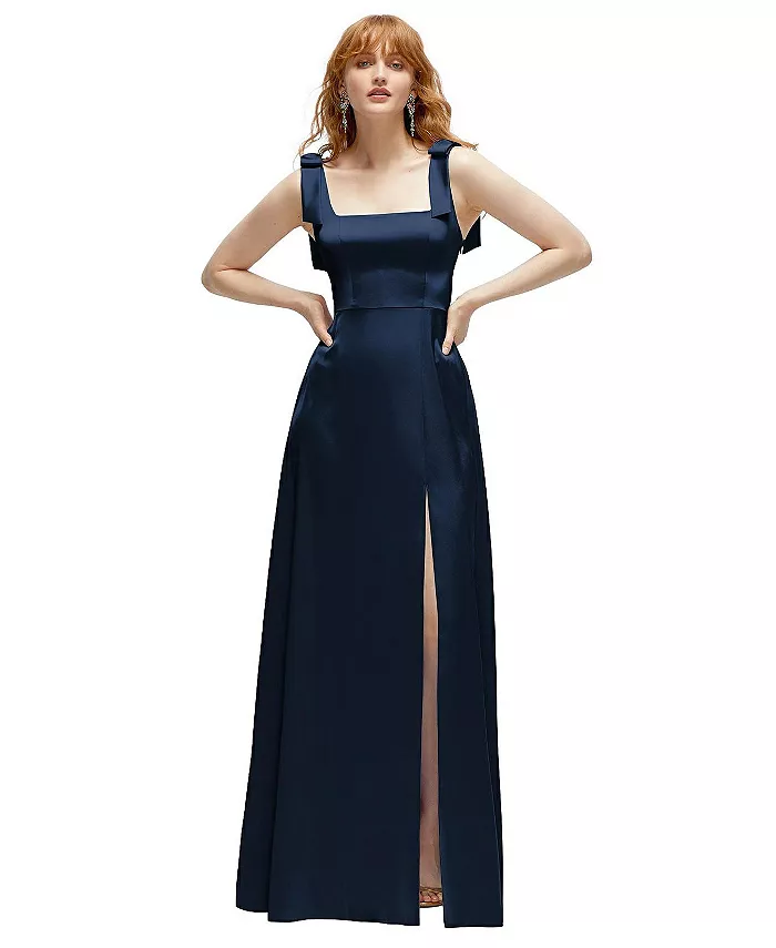 

Платье макси из струящегося атласа с квадратным вырезом и бретелями-бантами (размеры plus size) After Six, синий