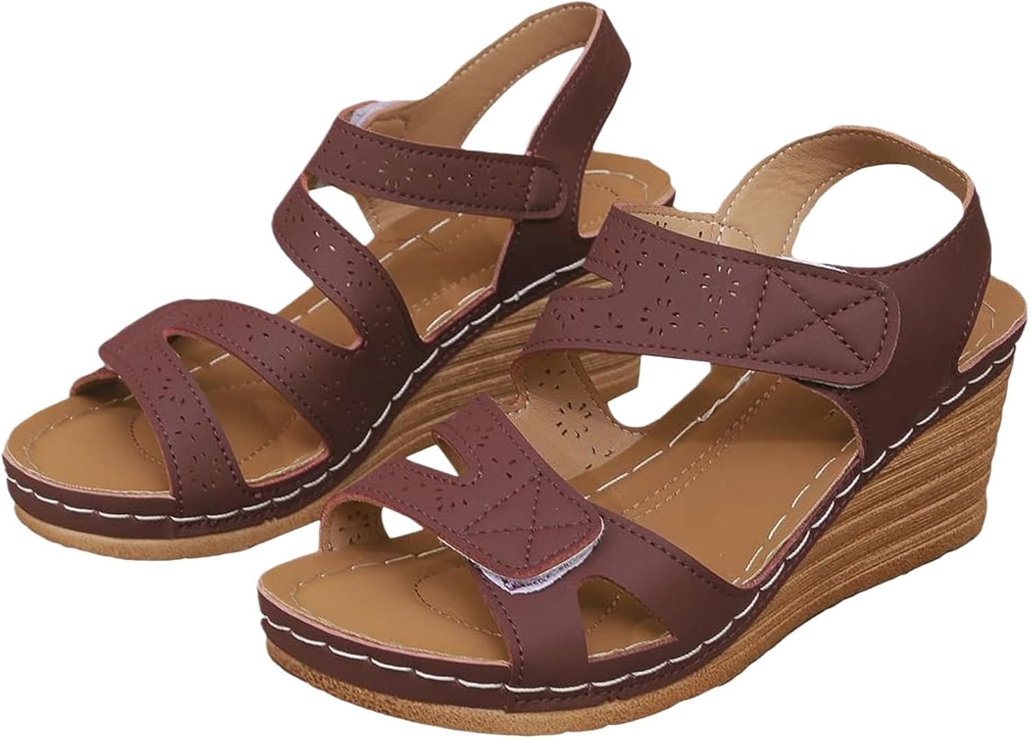 

Женские сандалии на танкетке с открытым носком и ремешком на щиколотку, ортопедические, на низком каблуке, без застежки, повседневные и нарядные, удобные для ходьбы на улице с поддержкой свода стопы Movnebyro, красный