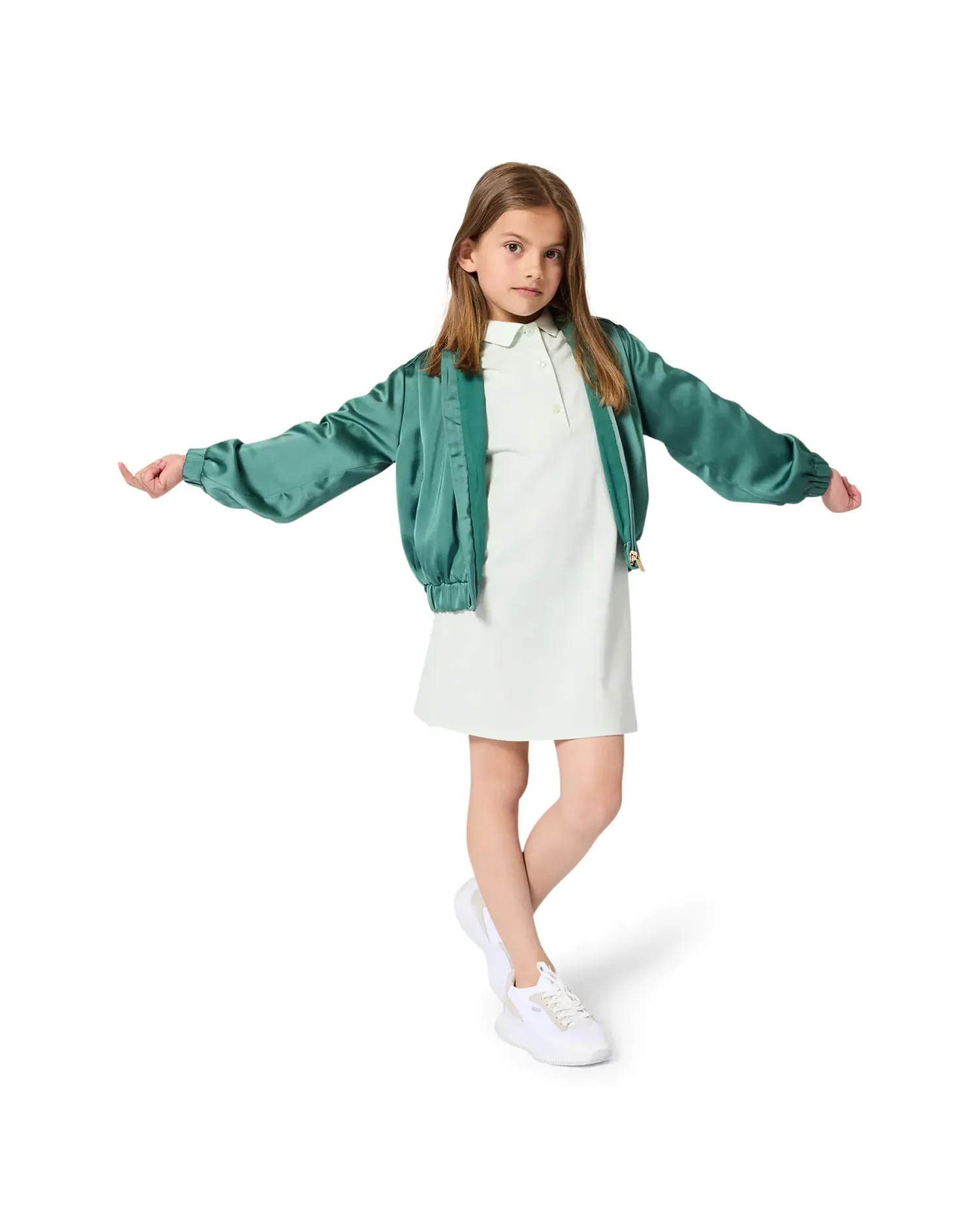 Платье для девочки с короткими рукавами из однотонного хлопка BOSS Kidswear, зеленый — фото 2