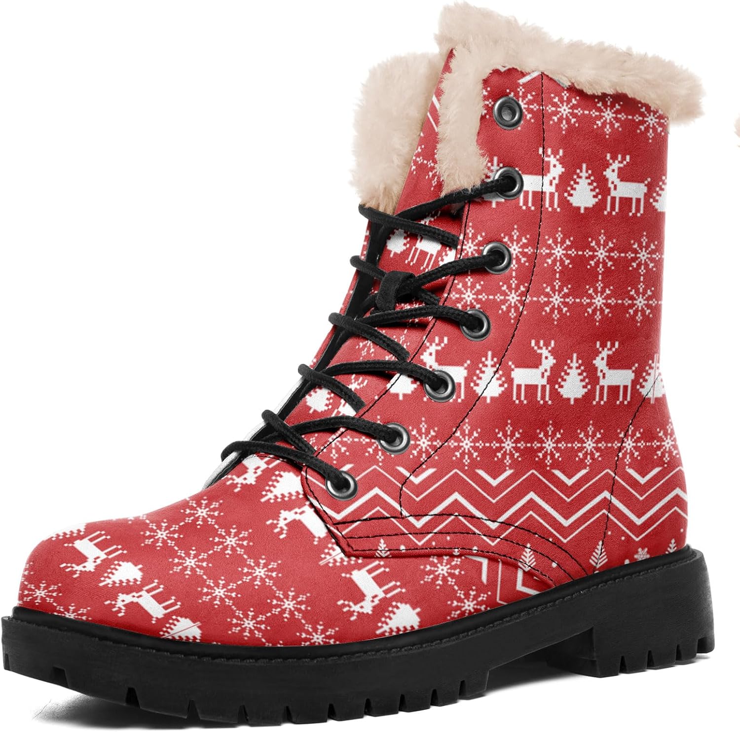 

Рождественские сапоги AWSOLE с елкой и Санта-Клаусом для женщин и мужчин, стильные праздничные ботинки на шнуровке с меховой подкладкой, зимняя обувь, подарок на Рождество, белый/красный