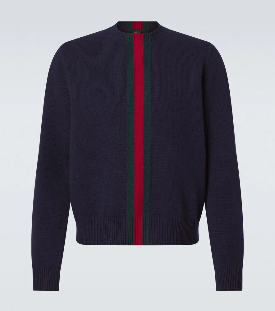 Свитер Gucci Web Stripe шерстяной, круглый воротник, синий
