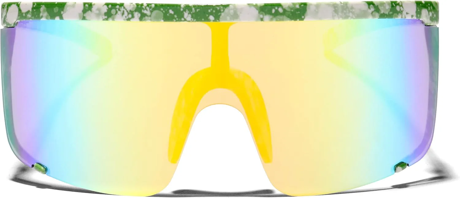 

Солнцезащитные очки ShadyVEU Retro Oversized Mono Mirrored Lens Paint Splatter Pattern UV400 для мужчин и женщин, Green and White Splatter Frame / Rainbow Lens
