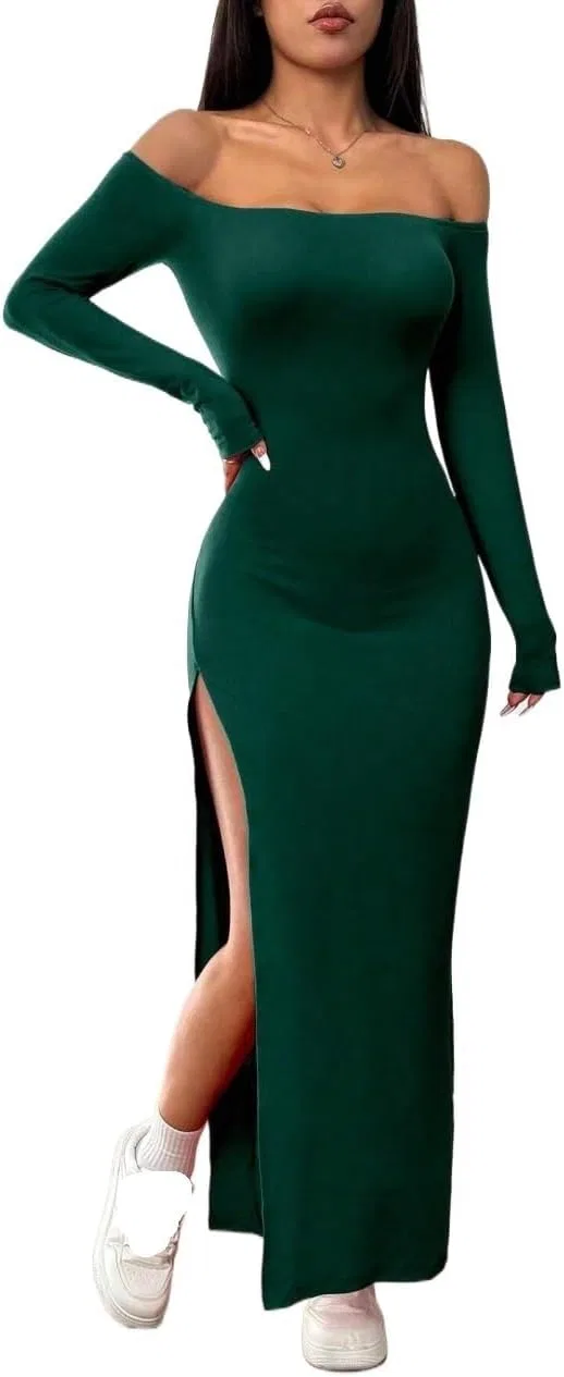 Женское облегающее макси-платье с разрезом Off Shoulder, Dark Green