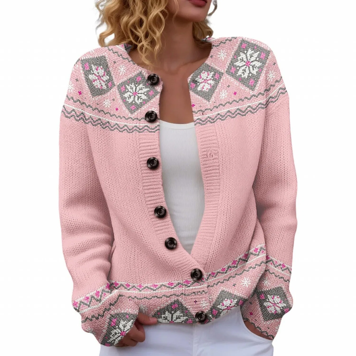 Женский кардиган с принтом Fair Isle, 03#pink