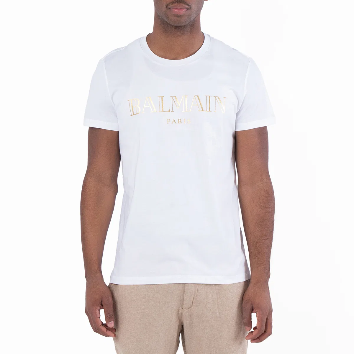 Футболка хлопковая с металлизированным принтом Metallic Logo Print Cotton T Shirt Balmain, Gad White/Or