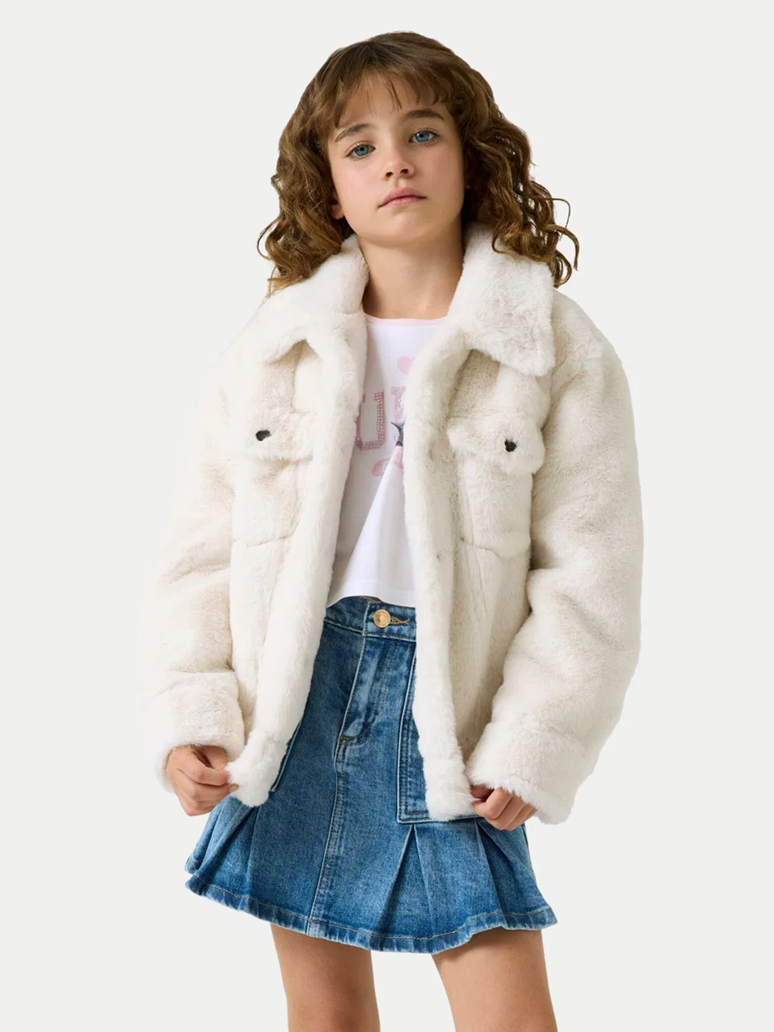Меховая шуба стандартного кроя для девочки Guess, кремовый