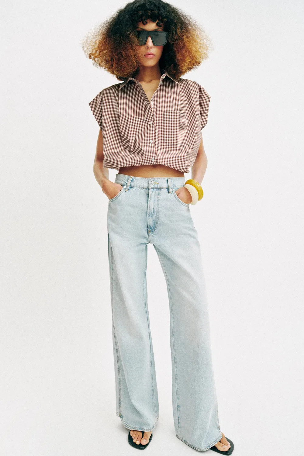 Укороченная рубашка в клетку ZARA, Brown/White
