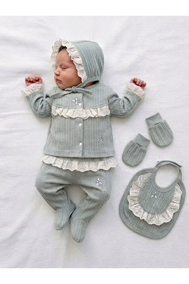 Детский комплект одежды для новорожденных хлопковый 5 предметов Panfilia, Green-Cream