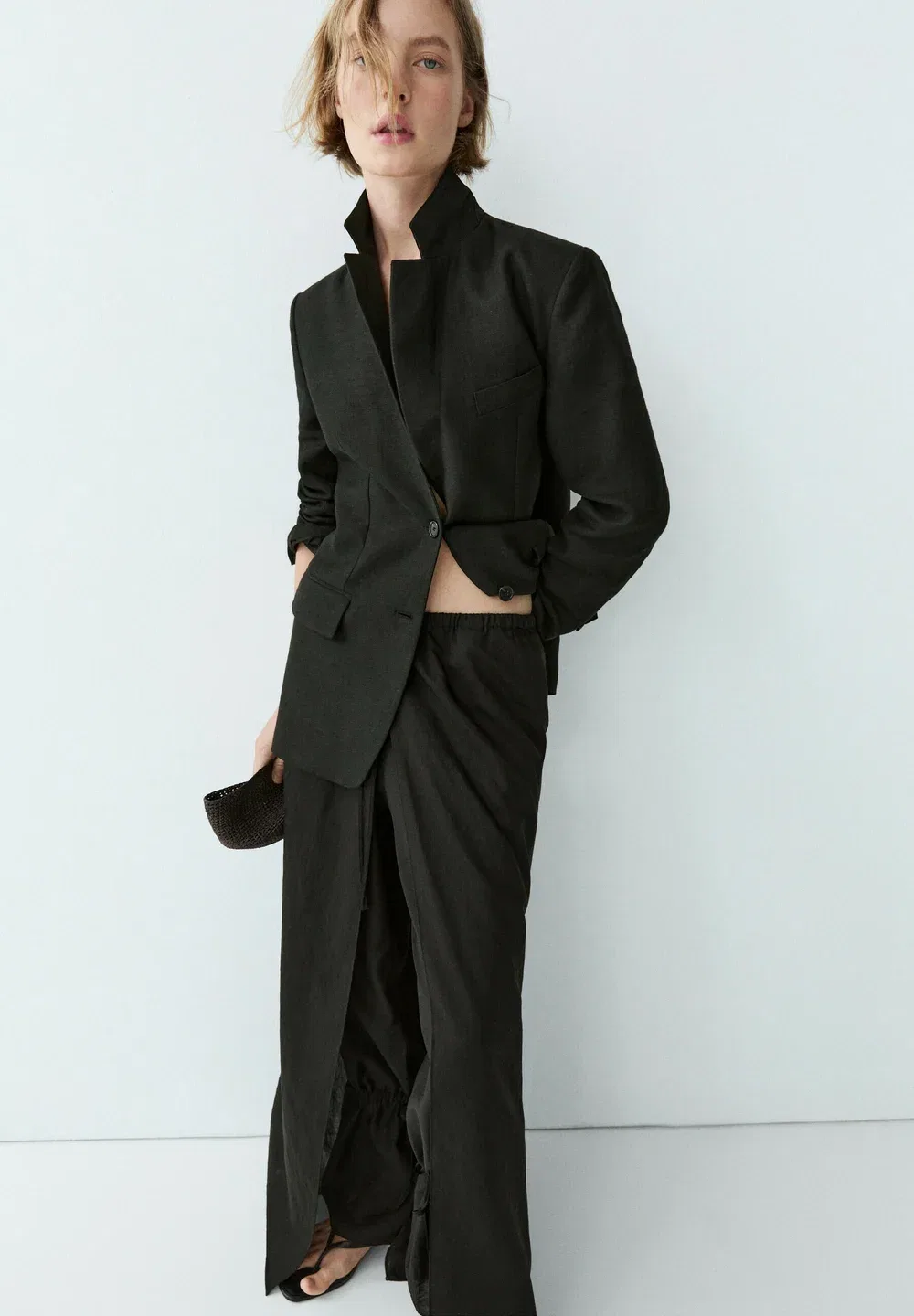 Брюки с двойным слоем ткани и завязками Massimo Dutti, Black — фото 4
