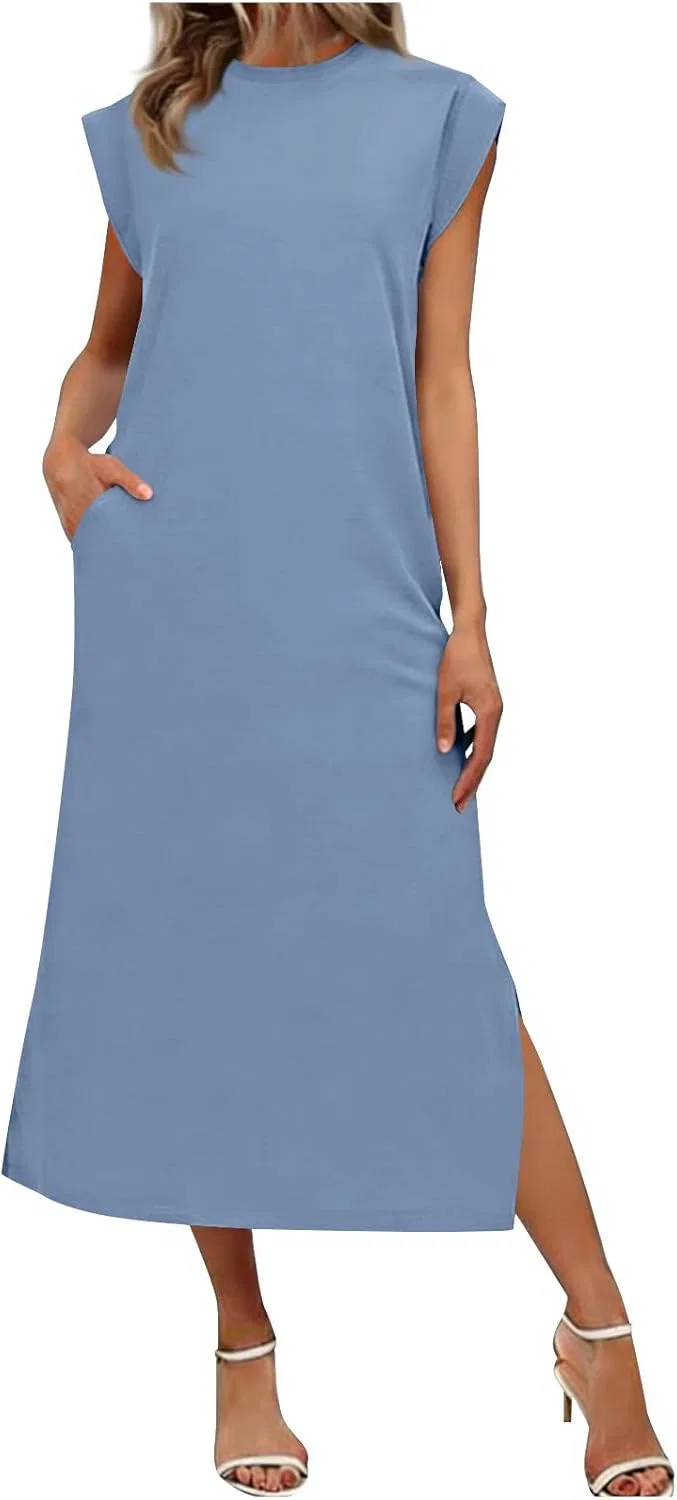 Женское летнее миди-платье без рукавов с разрезом Casual, Light Blue