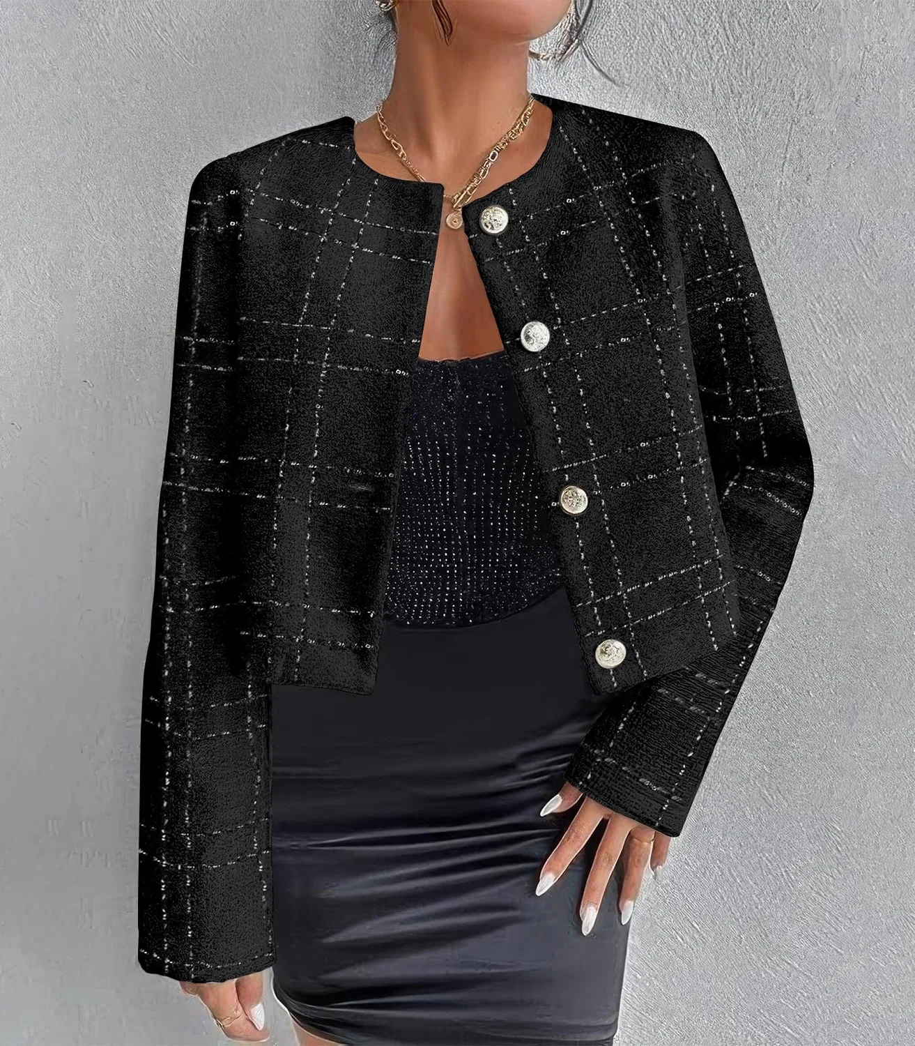 Женский твидовый пиджак без воротника с принтом Glitter Jacket, Nero — фото 3