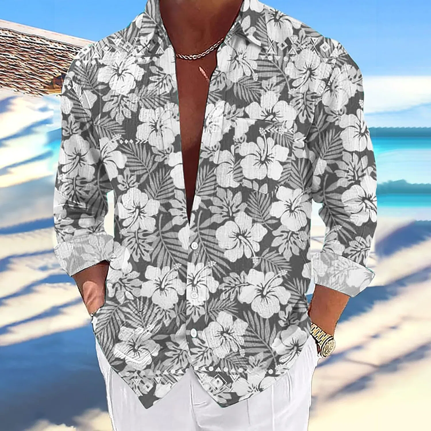 Мужская рубашка с принтом Summer Hawaiian Shirts, grey — фото 4
