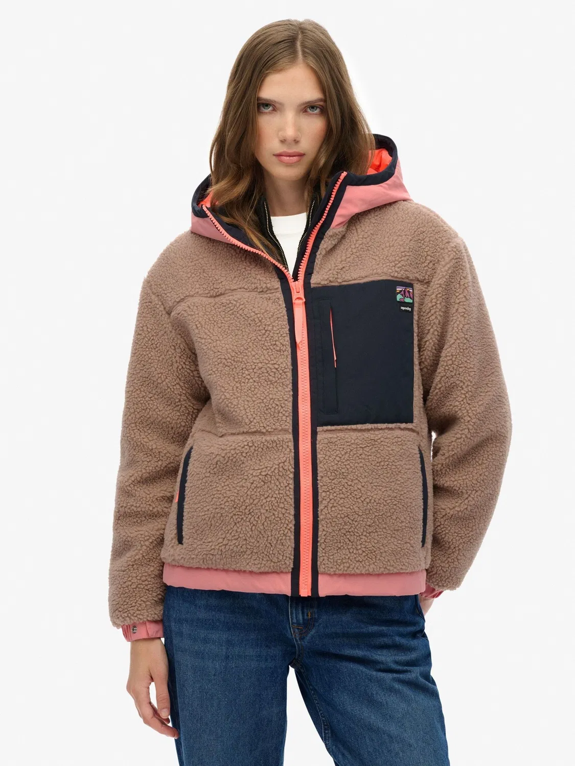 Куртка флисовая, капюшон, Vintage Sherpa Superdry, нюд