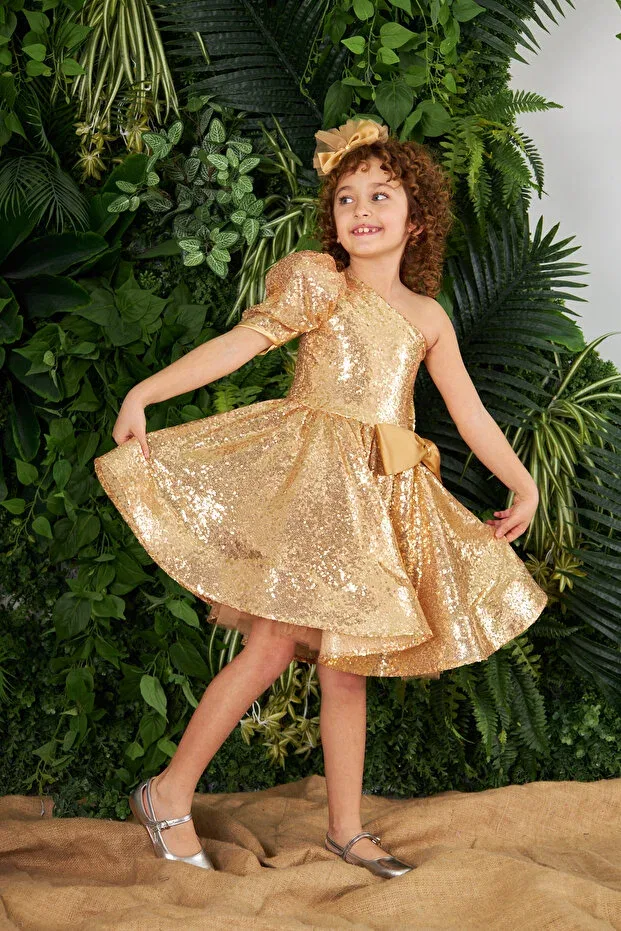 Детское платье для девочек с пайетками One shoulder gold color sequined girl's evening dress Zühre Balaban, Gold