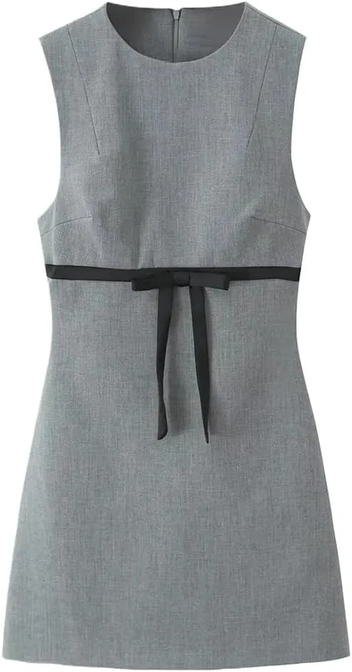 Женское мини-платье А-силуэта с поясом и бантом, Polyester, Pic Color