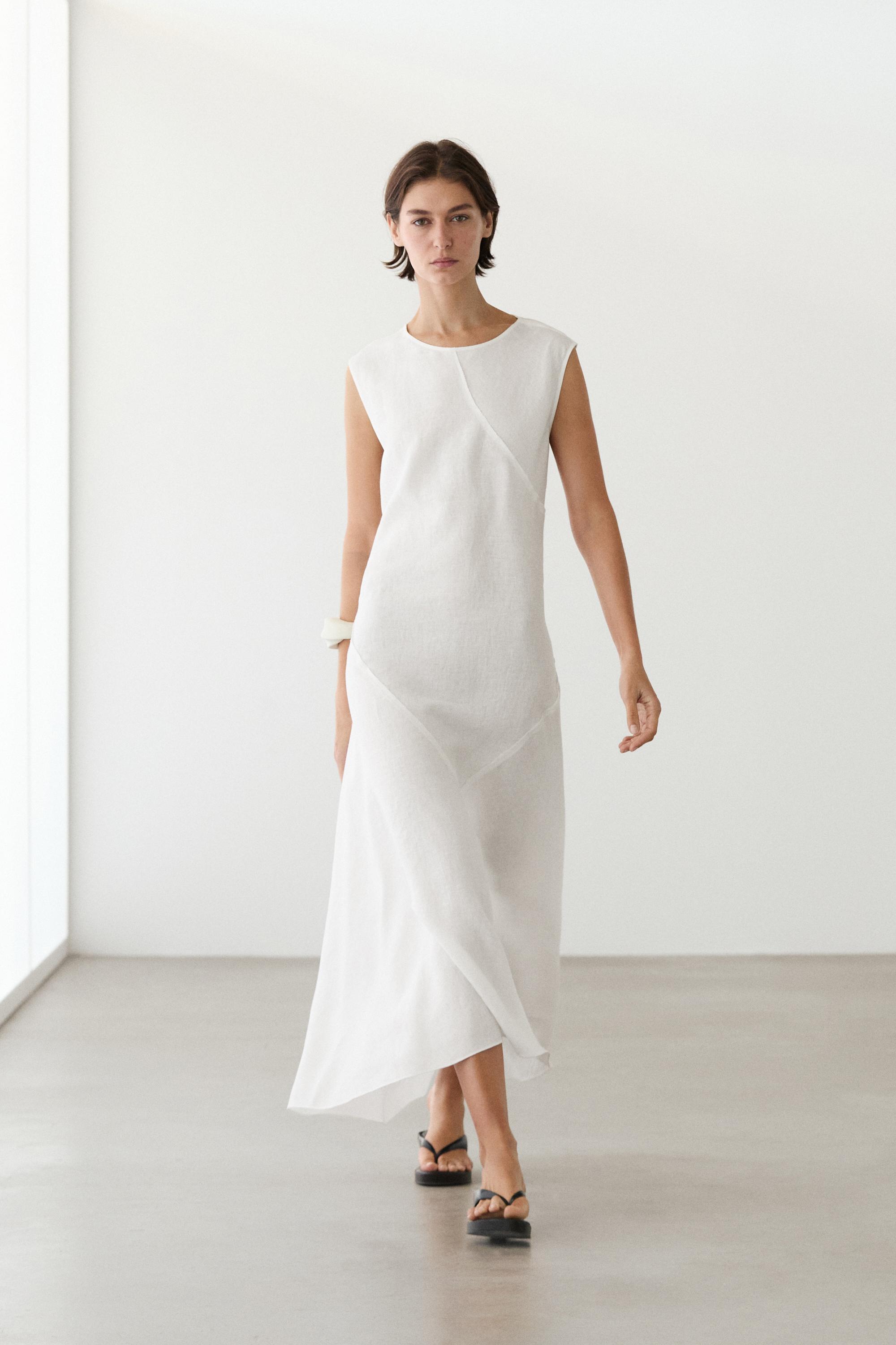Платье  Massimo Dutti Flowing 100% Linen Midi, белый — фото 3