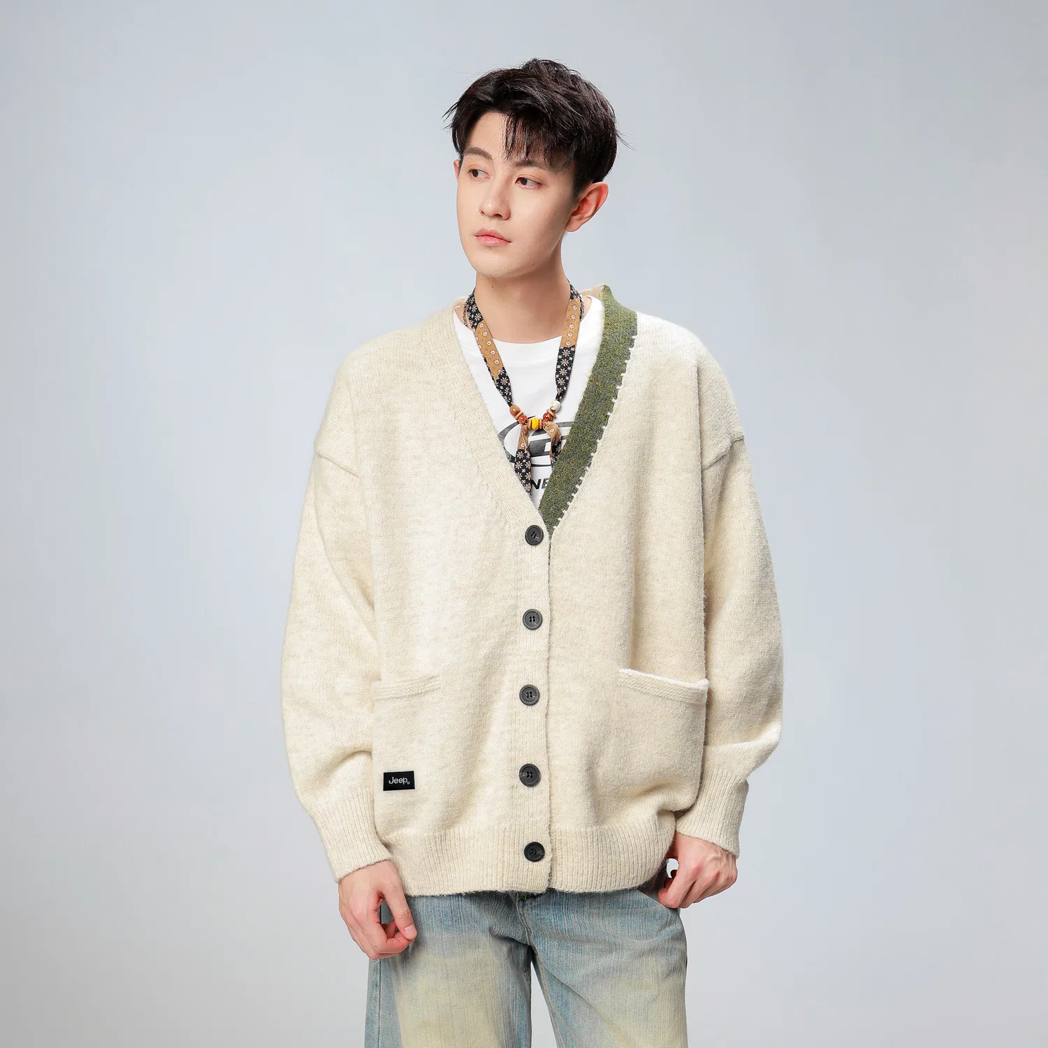 Детский свитер с V-образным вырезом утепленный Jeep Leisure Collection, White Apricot — фото 4