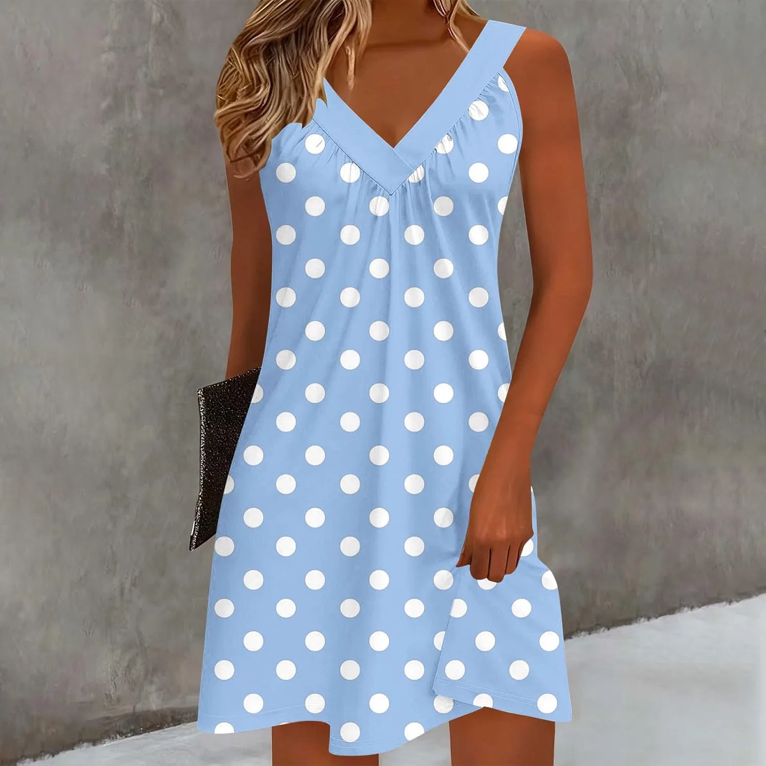 Женское летнее сарафан с V-образным вырезом и карманами, Polka Dot, Sky Blue — фото 2