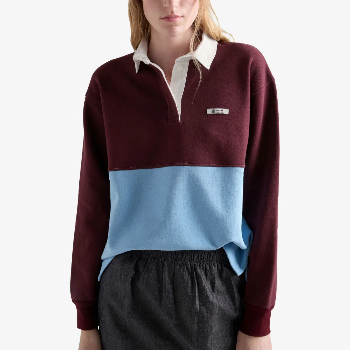 Хлопковая флисовая рубашка-поло с длинными рукавами Prada, бордовый — фото 3