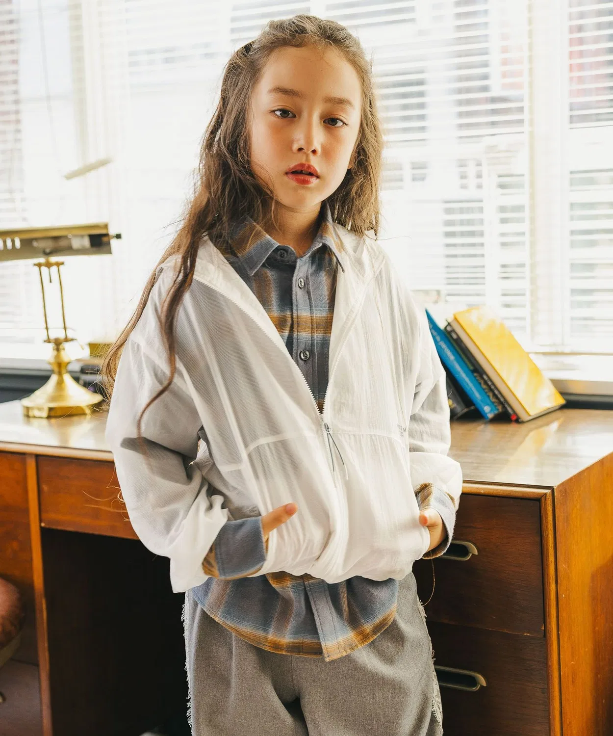 Детская водоотталкивающая куртка-худи с капюшоном, оверсайз GLOBAL WORK, Off White