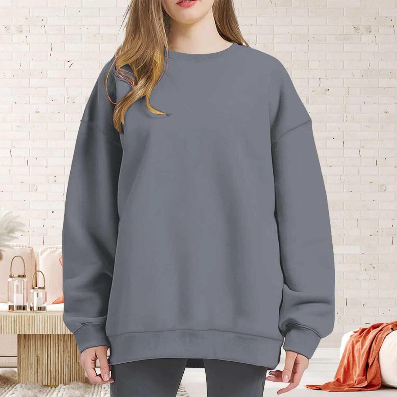 Женский свитшот с капюшоном и длинным рукавом, свободного кроя, Dark Grey — фото 2