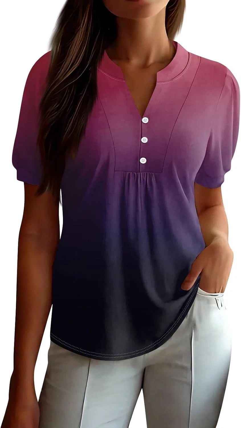 Женская блуза с воланами на рукавах, полоска, Button Down, A020-dark Purple — фото 3