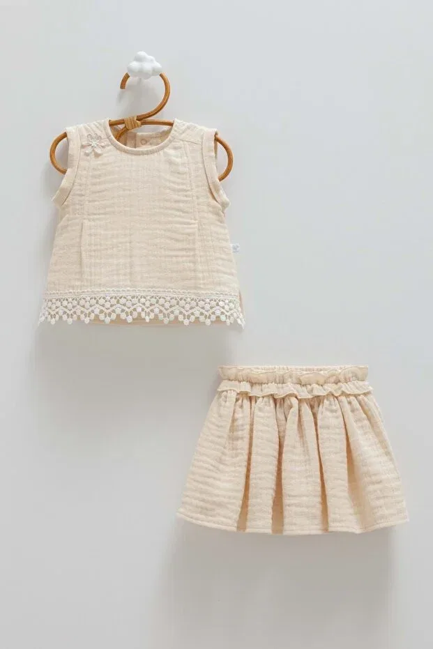 Детский комплект для девочек хлопковый Smile skirted muslin top and bottom set Caramell, Beige