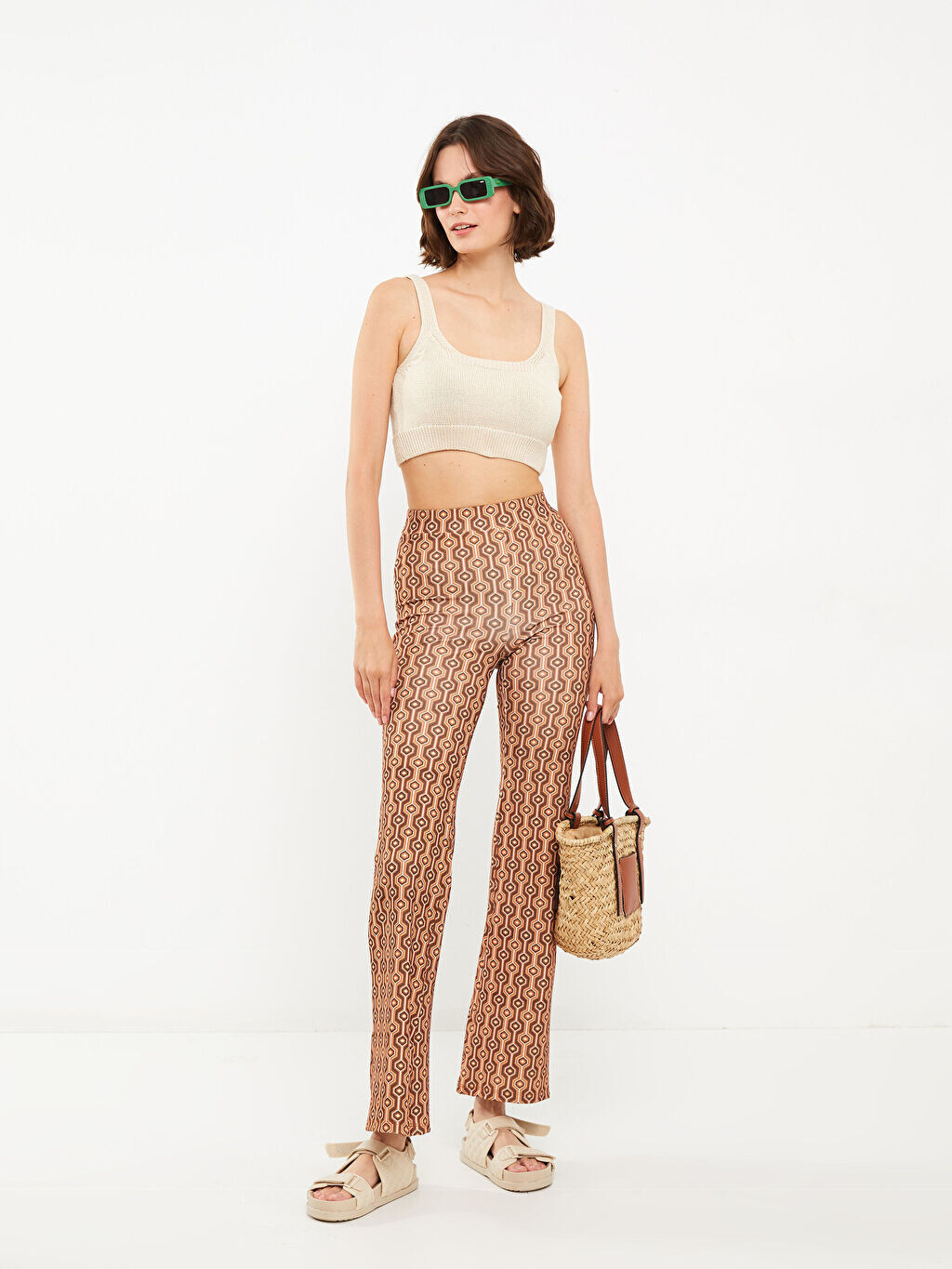 

Женские брюки с узором на эластичной талии LCW Casual, Коричневый, Женские брюки с узором на эластичной талии LCW Casual