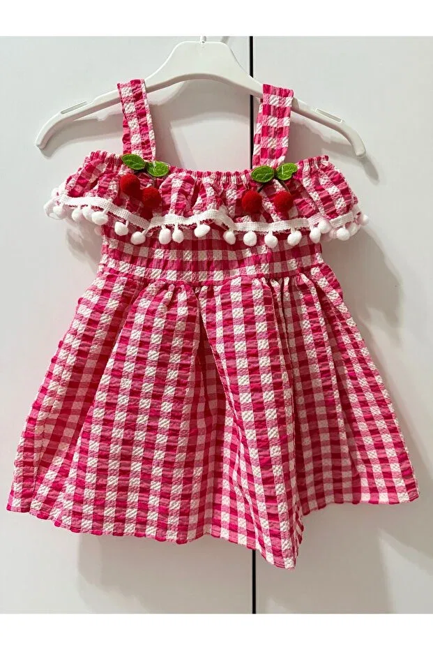 Детское платье для девочек с принтом Cherry Detailed Gingham Allya Mini Dress, Pink — фото 2