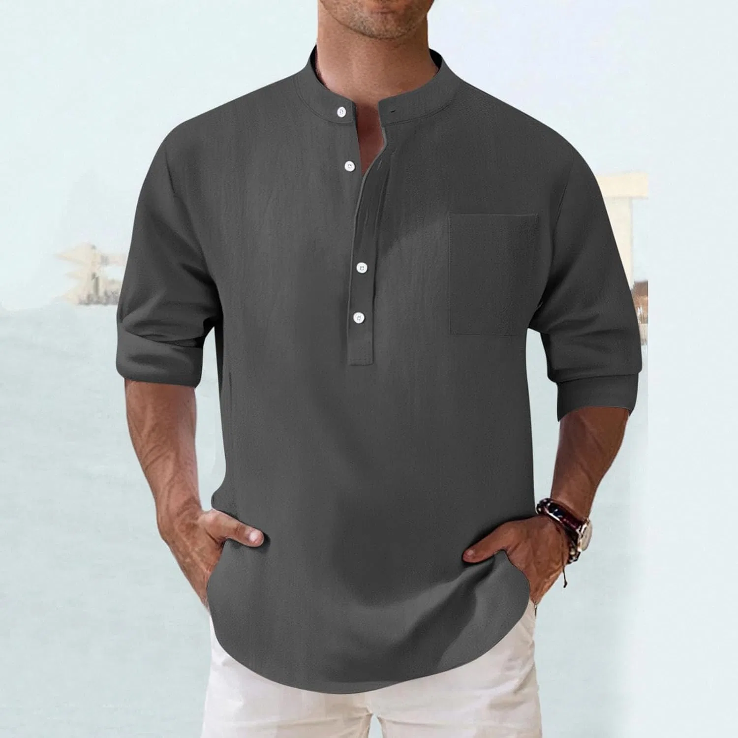 Мужская рубашка хенли с длинным рукавом из хлопка и льна, Casual, Gray — фото 2