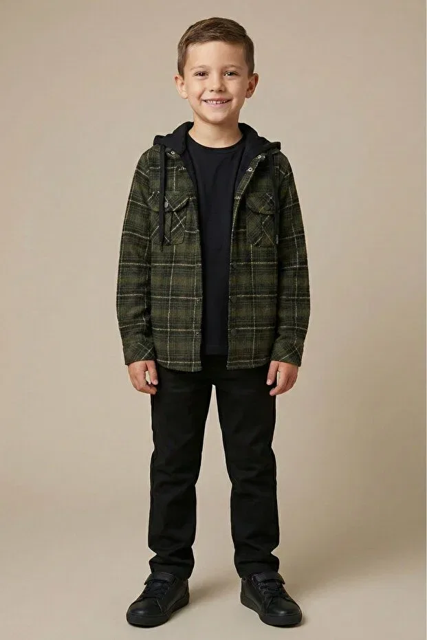 Детская рубашка для мальчиков с капюшоном Happy hooded fur lined boys' shirt Mutlu Kids, Khaki