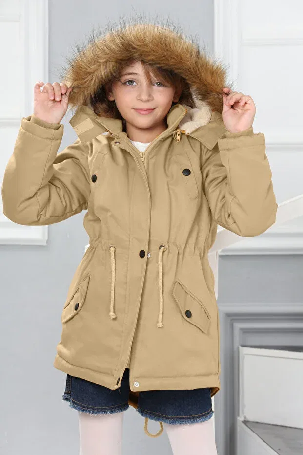 Детское пальто для девочек утепленное с капюшоном Asortik Kids, Beige — фото 2