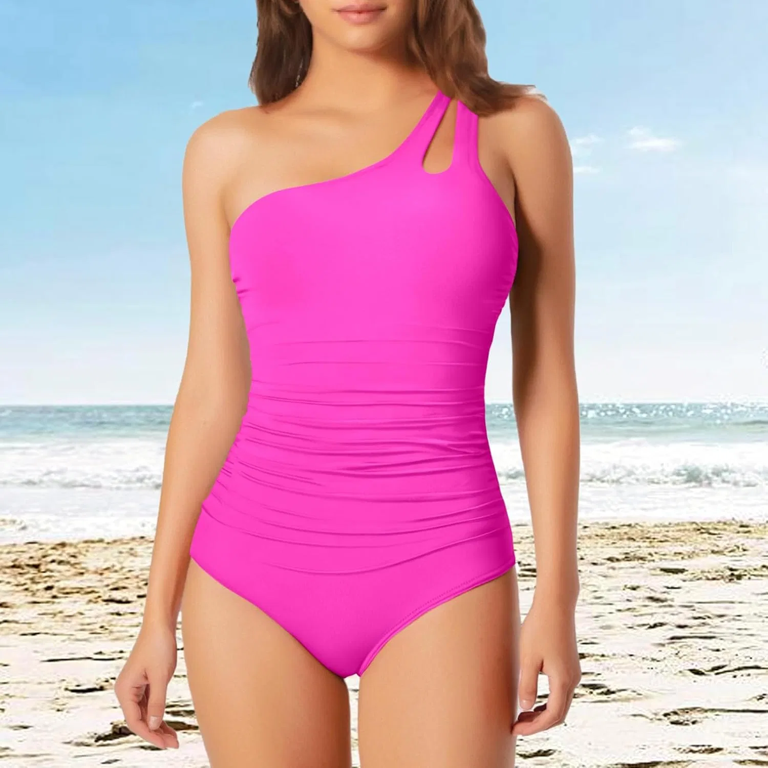 Женский цельный купальник с одним плечом и утяжкой живота, Hot Pink — фото 2