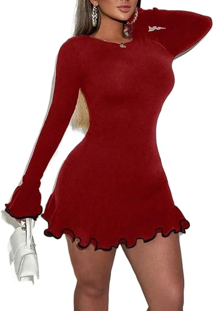 Женское платье мини с воланами Bodycon Burgundy