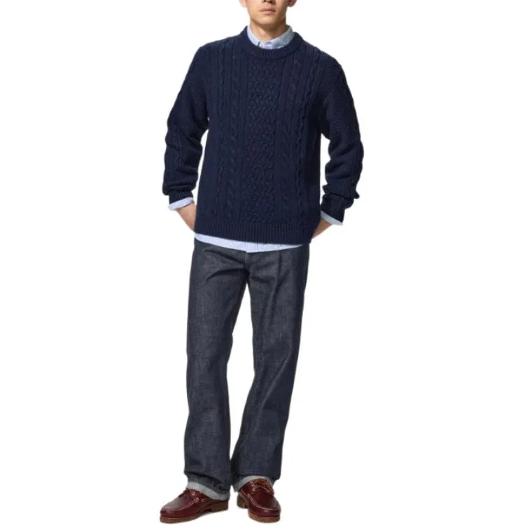 Мужской свитер с круглым вырезом, утепленный, прямого кроя, UNIQLO, 69 Marine Blue — фото 3