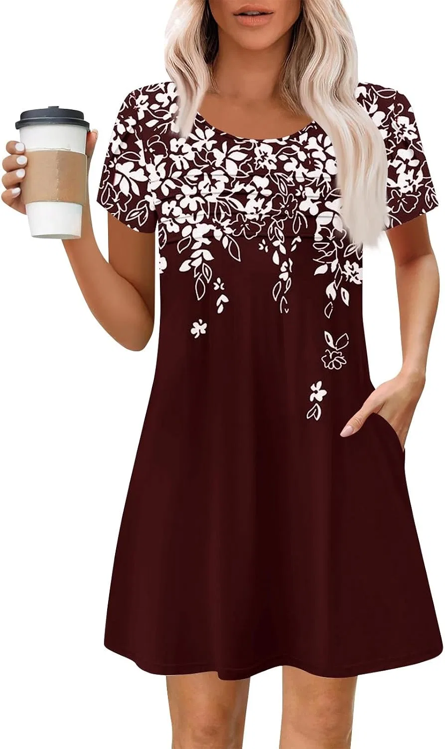 Женское летнее платье с цветочным принтом T-Shirt Dress, Wine