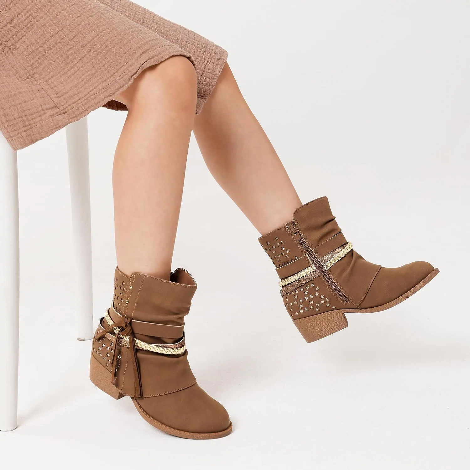 Детские ботинки для девочек с боковой молнией DREAM PAIRS, All Camel — фото 2