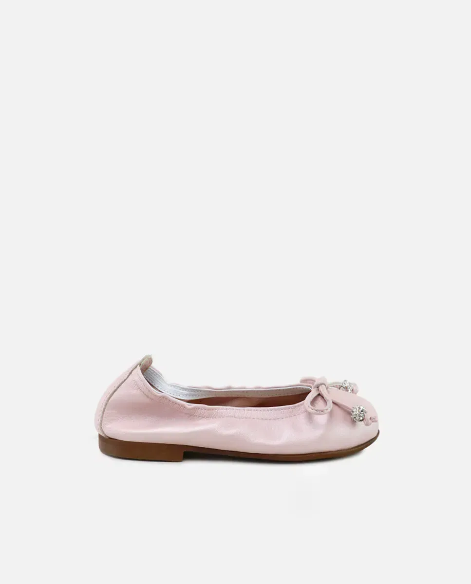 Детские балетки для девочек из кожи с бантом и кристаллами Eli 1957, Rosa