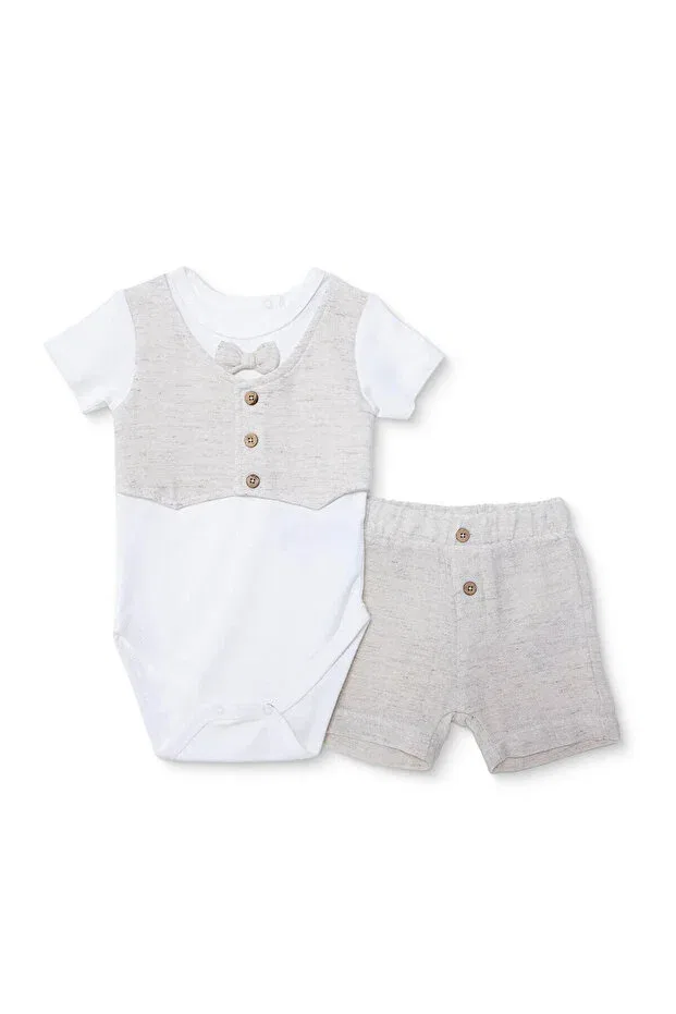 Детская рубашка для мальчиков хлопковая mevlüt outfit buttoned shirt collar short sleeve patchwork Ebebek Hello Baby, Beige