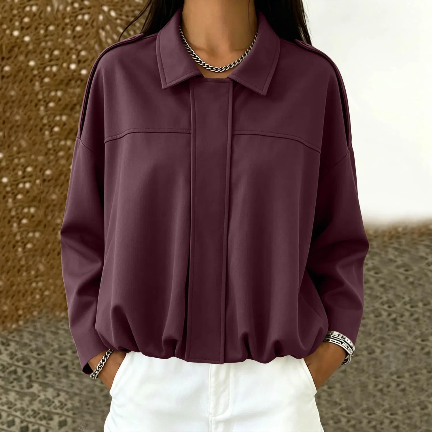 Женская куртка-бомбер oversize из искусственной замши с длинным рукавом, vino — фото 2